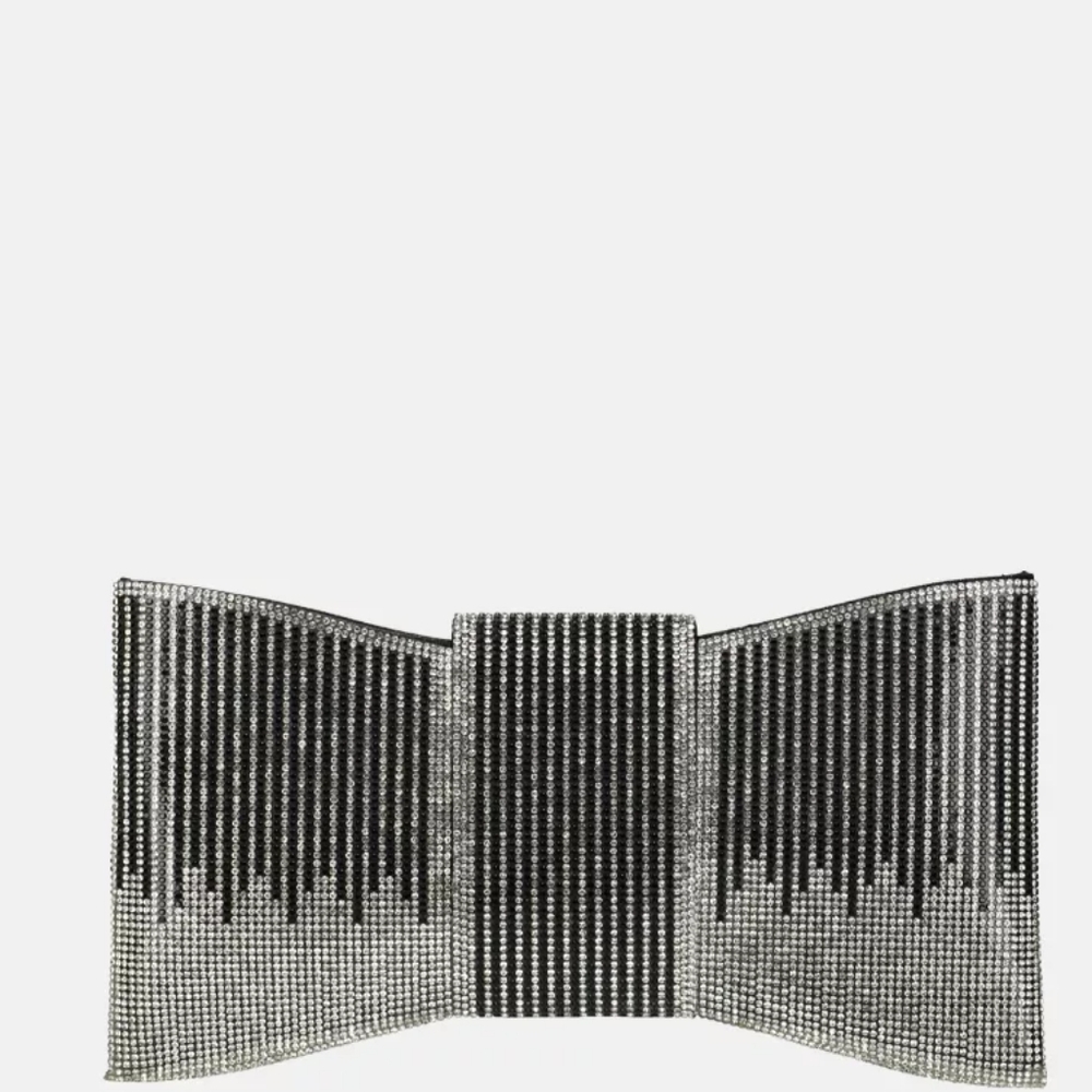 Pavé Silver & Black Women's Rhinestone Bowtie Shape Clutch Handbag Purse - Picture 4 of 13